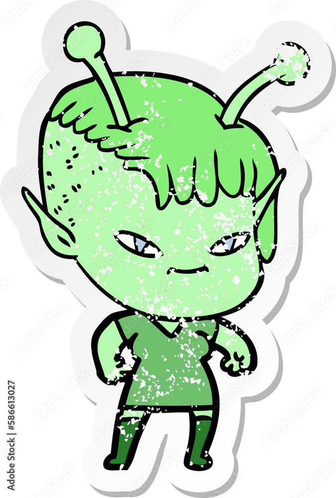Fototapeta premium distressed sticker of a cute cartoon alien girl