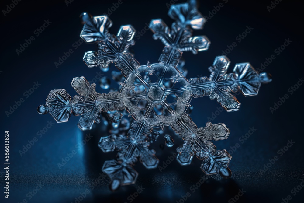 Macro Photo of Snowflake on Dark Blue Winter Background Macro Photo of Snowflake on Dark Blue Winter Background