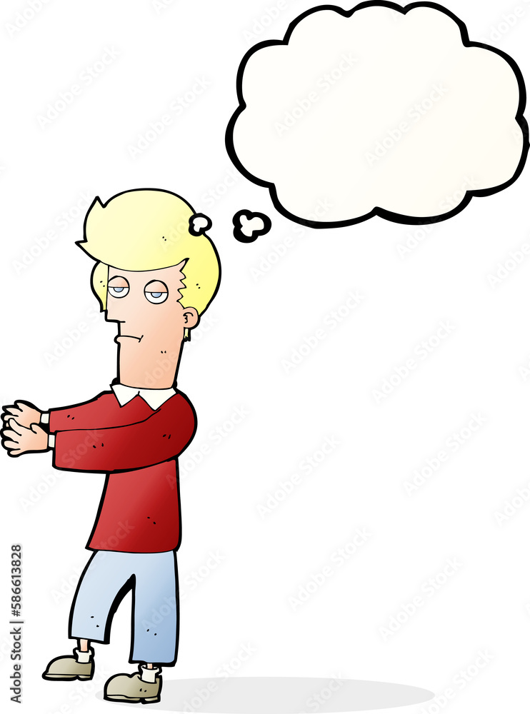 cartoon bored man showing the way with thought bubble cartoon bored man showing the way with thought bubble
