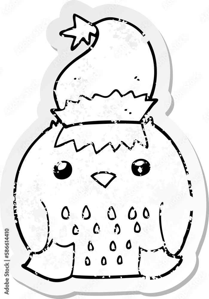 distressed sticker of a cute cartoon owl wearing christmas hat distressed sticker of a cute cartoon owl wearing christmas hat