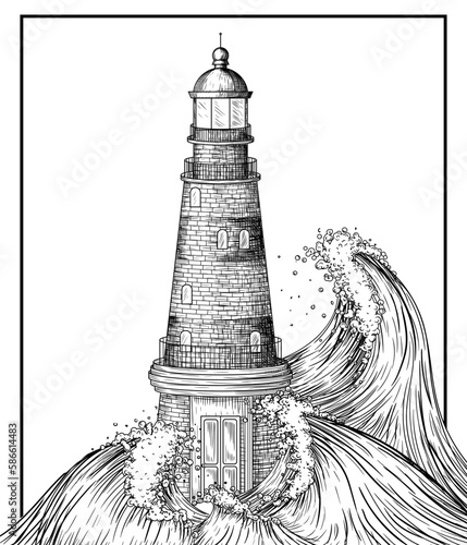 Vector illustration of a brick lighthouse in a stormy sea in engraving style