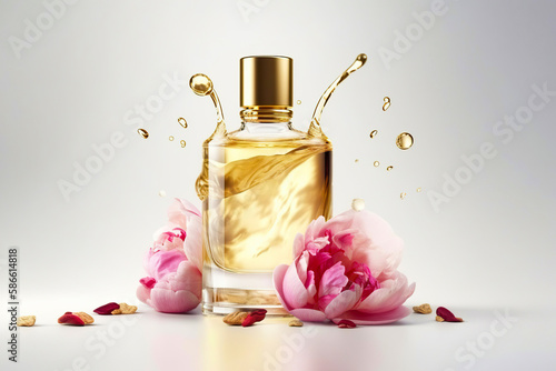 Natural peony essential oil in a glass bottle splash with pink flowers on white background, Organic fresh extracts arom , AI Generative photo