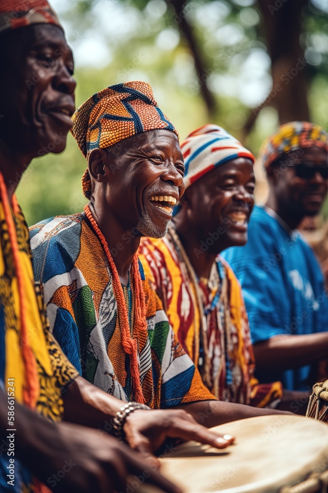 African musician wearing their traditional colorful costumes. Generative AI vertical shot