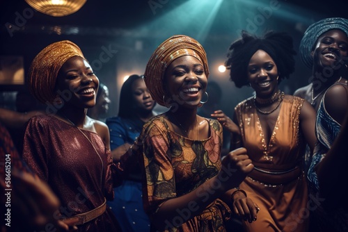 African Nigerian women having fun dancing at the club. Traditional colorful clothing. Generative AI photo