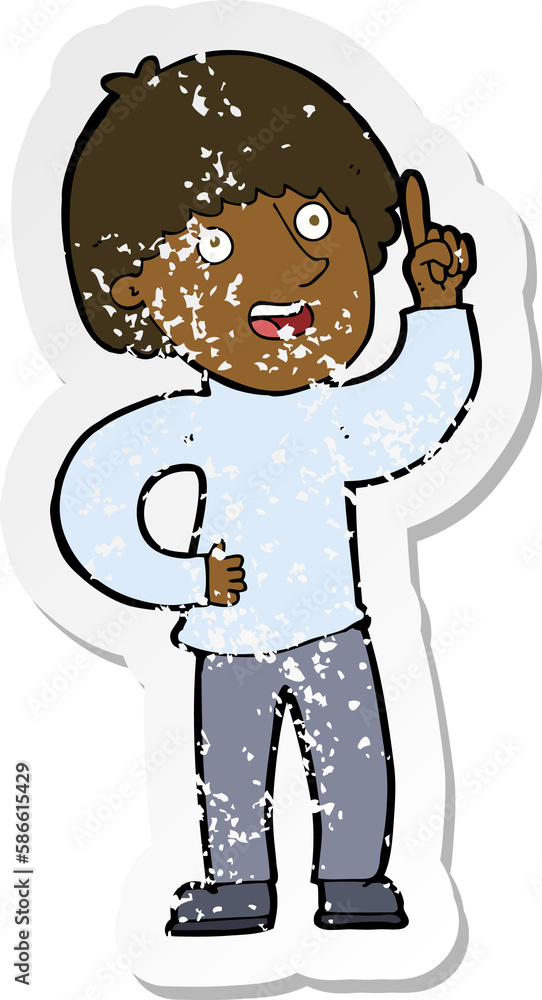 retro distressed sticker of a cartoon man with idea retro distressed sticker of a cartoon man with idea