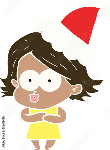 flat color illustration of a girl pouting wearing santa hat