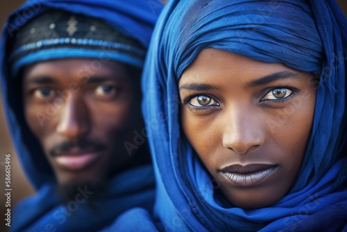 Beautiful Tuareg woman looking at camera wearing traditional blue headscarf. Generative AI photo