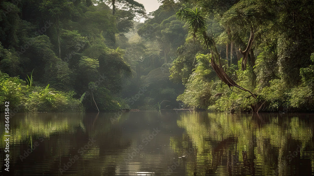 Amazon rainforest, beautiful landscape, green with tall trees and river created with Generative AI