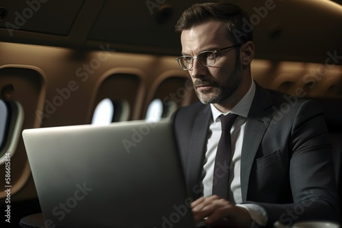 Attractive businessman on plane working on laptop. Generative AI