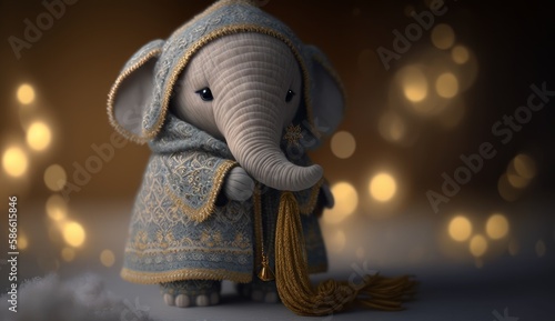 A stuffed plush toy, a bright baby elephant in a winter dress on the snow, a rich robot made of expensive textiles and yarn. Generative artificial intelligence.