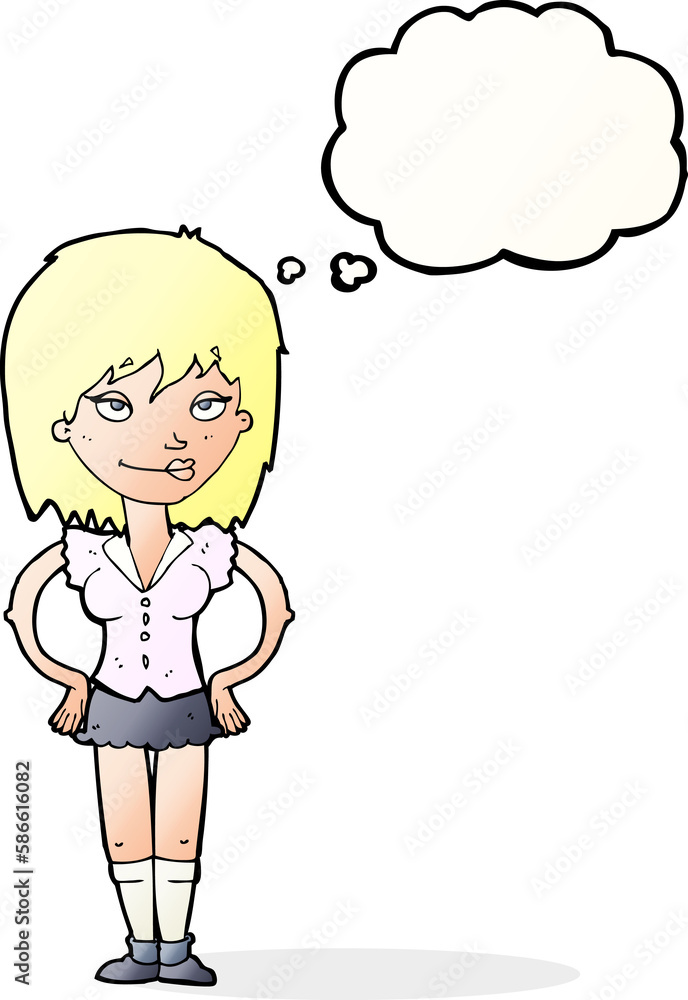 cartoon woman with hands on hips with thought bubble cartoon woman with hands on hips with thought bubble