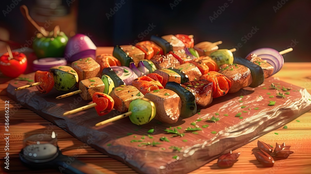Cooked delicious realistic shish pizza on a skewer vegetables Cooked delicious realistic shish pizza on a skewer vegetables