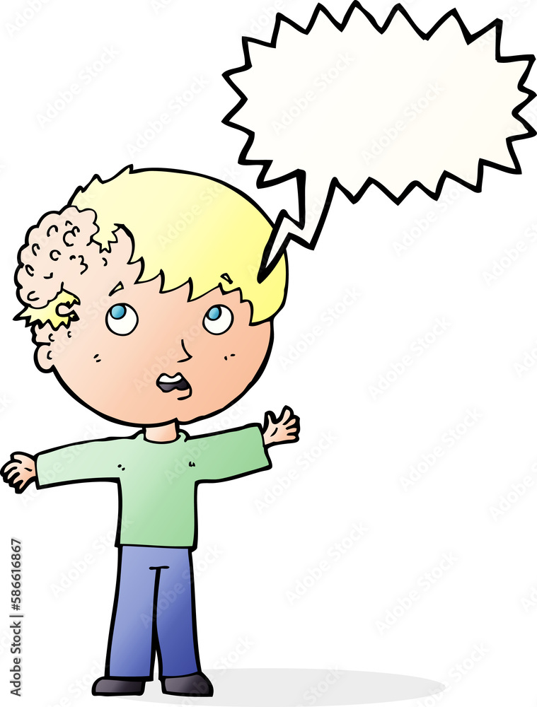 cartoon boy with growth on head with speech bubble cartoon boy with growth on head with speech bubble