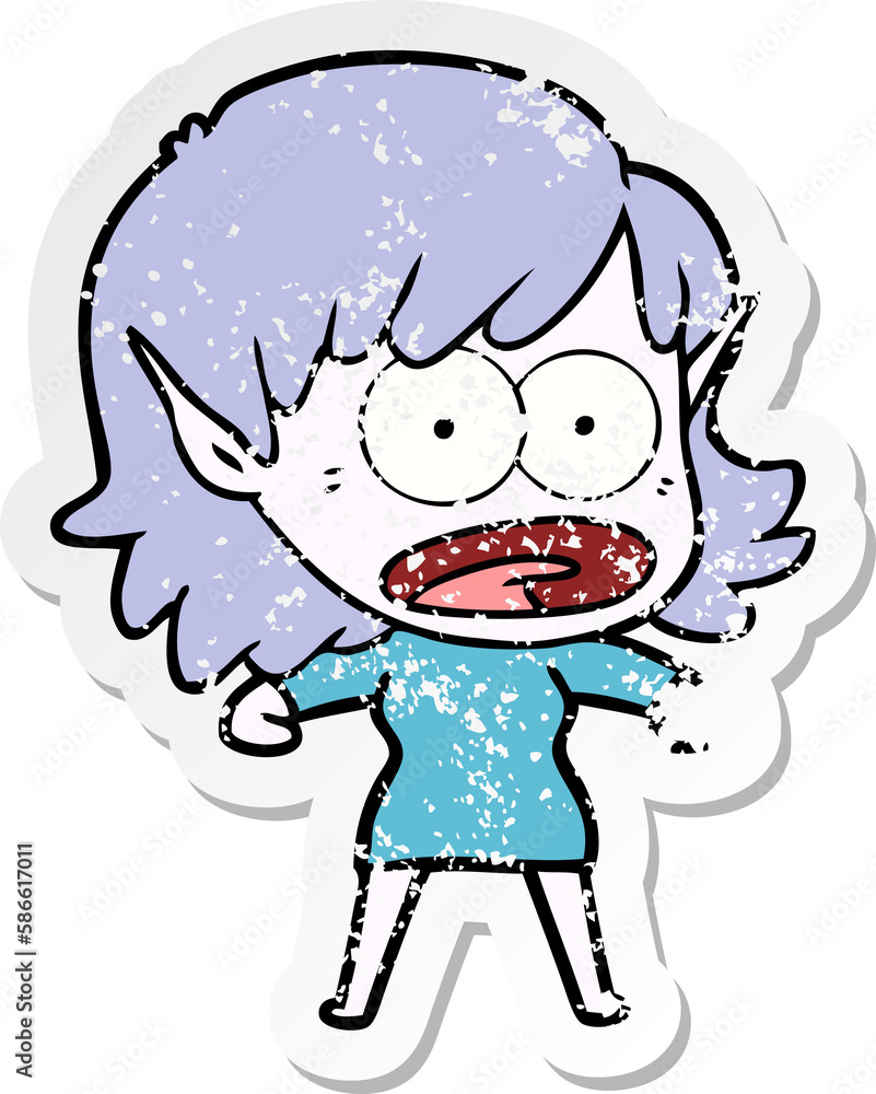 distressed sticker of a cartoon shocked elf girl distressed sticker of a cartoon shocked elf girl
