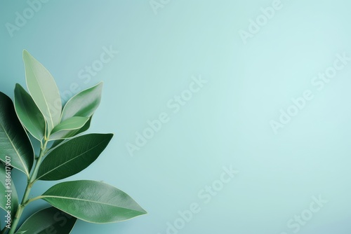 Minimalistic Slight Blue Background with Beautiful Leaves - AI Generated