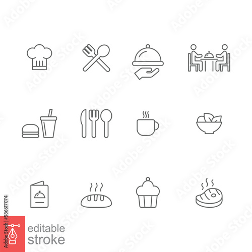Restaurant food icon set. Simple outline style. Eat  kitchen  table  plate  chef  dinner  dish  food and beverage concept. Vector illustration isolated on white background. Editable stroke EPS 10.