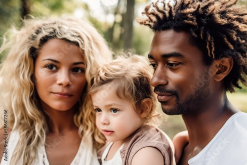 Multiracial family portrait. Father mother and kid together. Generative AI