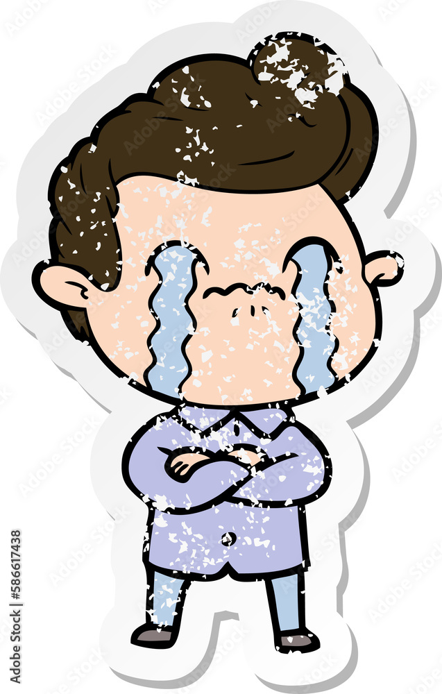 distressed sticker of a cartoon man crying distressed sticker of a cartoon man crying