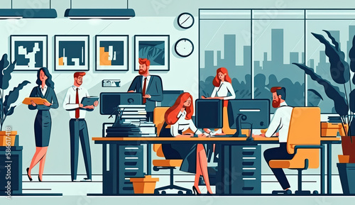 Business team working in office, cartoon style illustration. Generative AI
