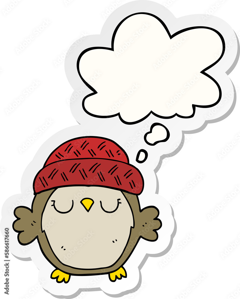cute cartoon owl in hat and thought bubble as a printed sticker cute cartoon owl in hat and thought bubble as a printed sticker