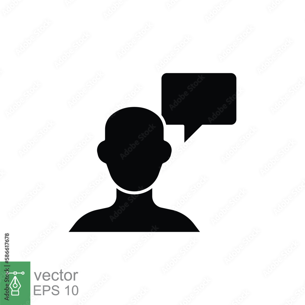 Man with bubble speech icon. Testimonials and customer relationship management concept. Simple solid style. Black silhouette, glyph symbol. Vector illustration isolated on white background. EPS 10. Man with bubble speech icon. Testimonials and customer relationship management concept. Simple solid style. Black silhouette, glyph symbol. Vector illustration isolated on white background. EPS 10.
