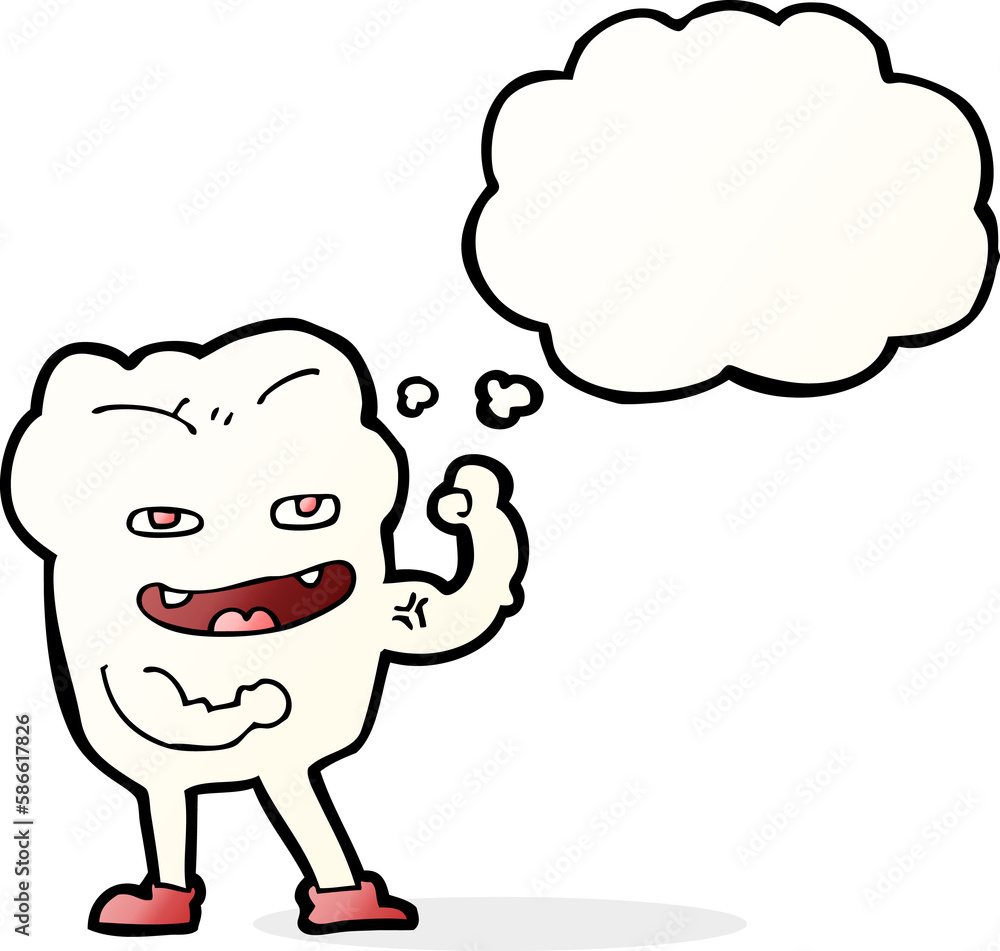 cartoon strong healthy tooth with thought bubble