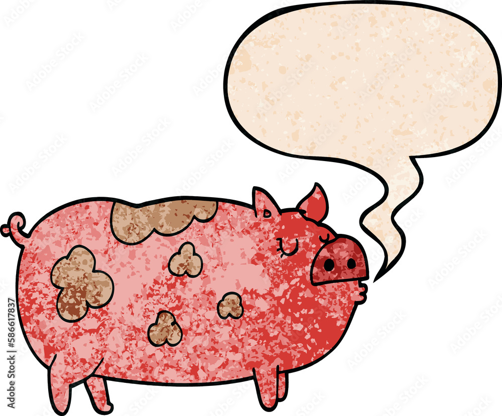 cartoon pig and speech bubble in retro texture style cartoon pig and speech bubble in retro texture style