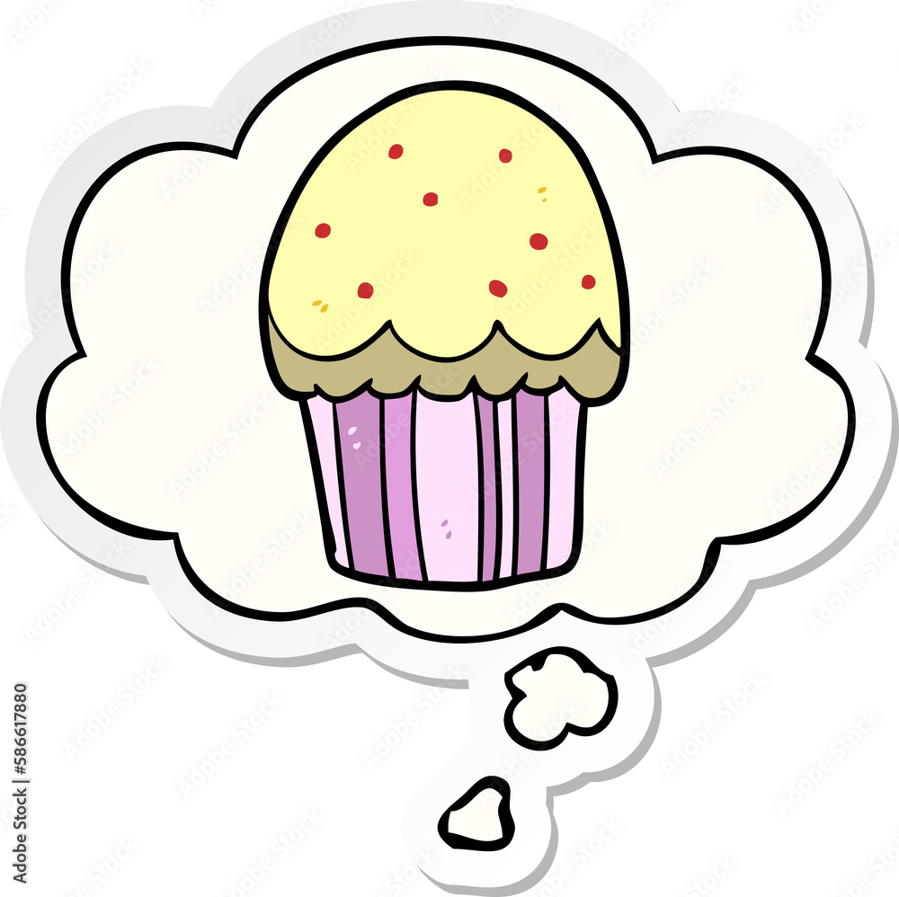 cartoon cupcake and thought bubble as a printed sticker cartoon cupcake and thought bubble as a printed sticker