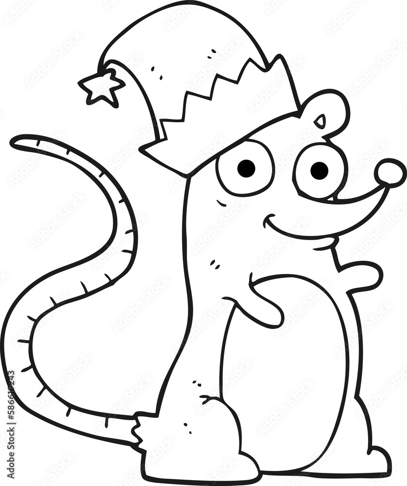 Fototapeta premium black and white cartoon mouse wearing christmas hat