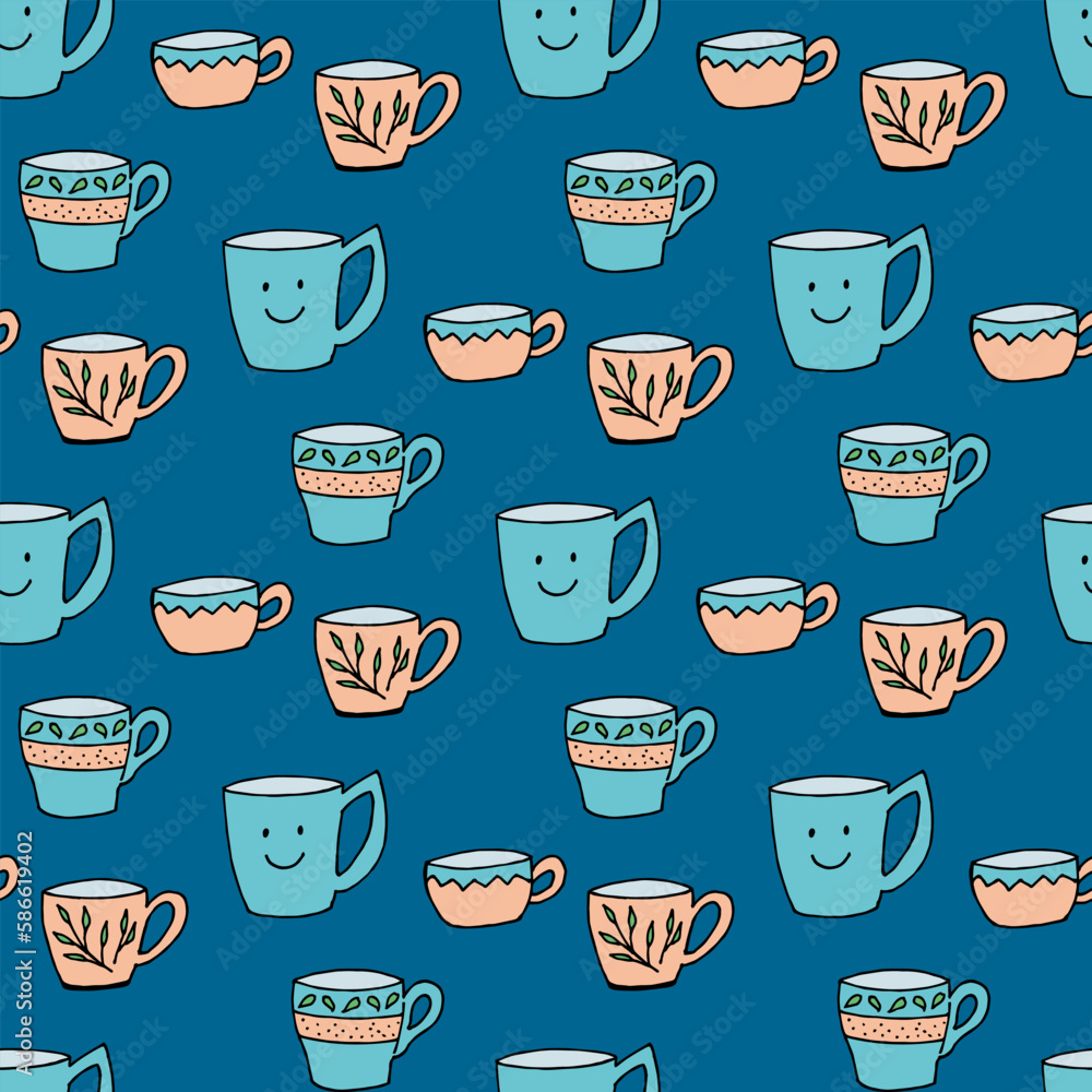 Seamless pattern with simple cups on dark blue background. Vector image. Doodle style. Seamless pattern with simple cups on dark blue background. Vector image. Doodle style.