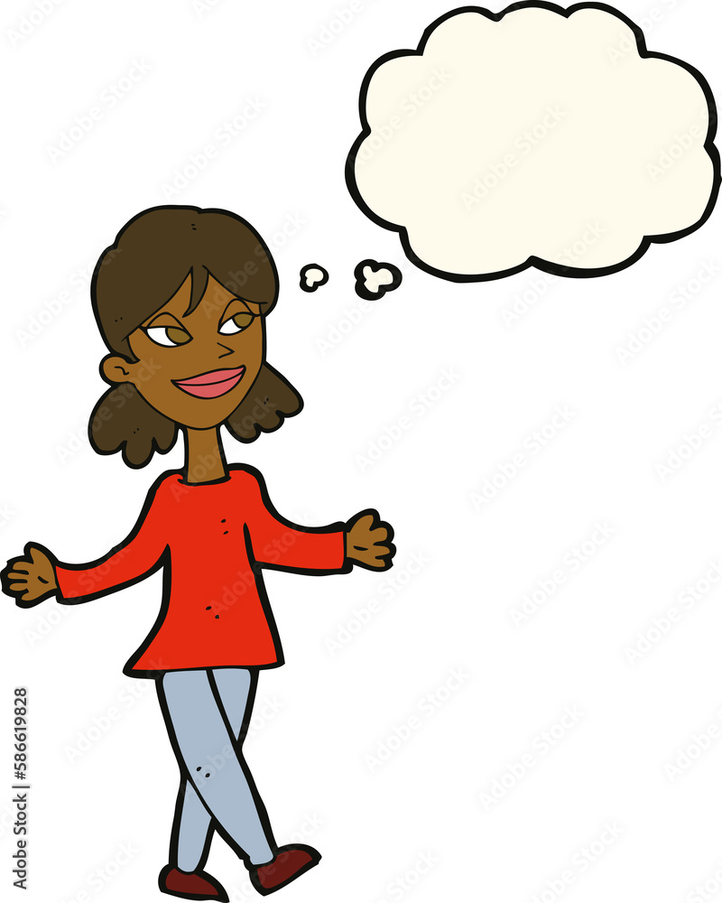 cartoon woman with no worries with thought bubble cartoon woman with no worries with thought bubble