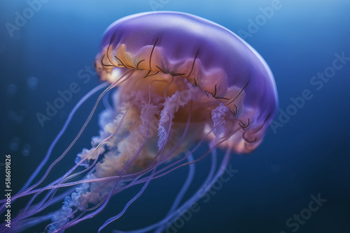 Big pink jellyfish swims in blue ocean water © Alex
