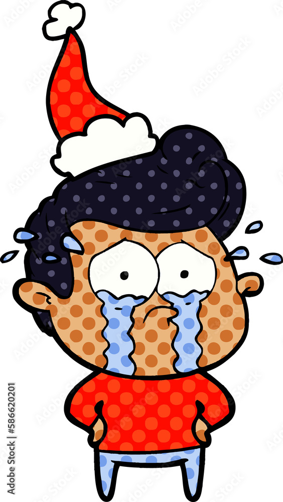 Fototapeta premium comic book style illustration of a crying man wearing santa hat