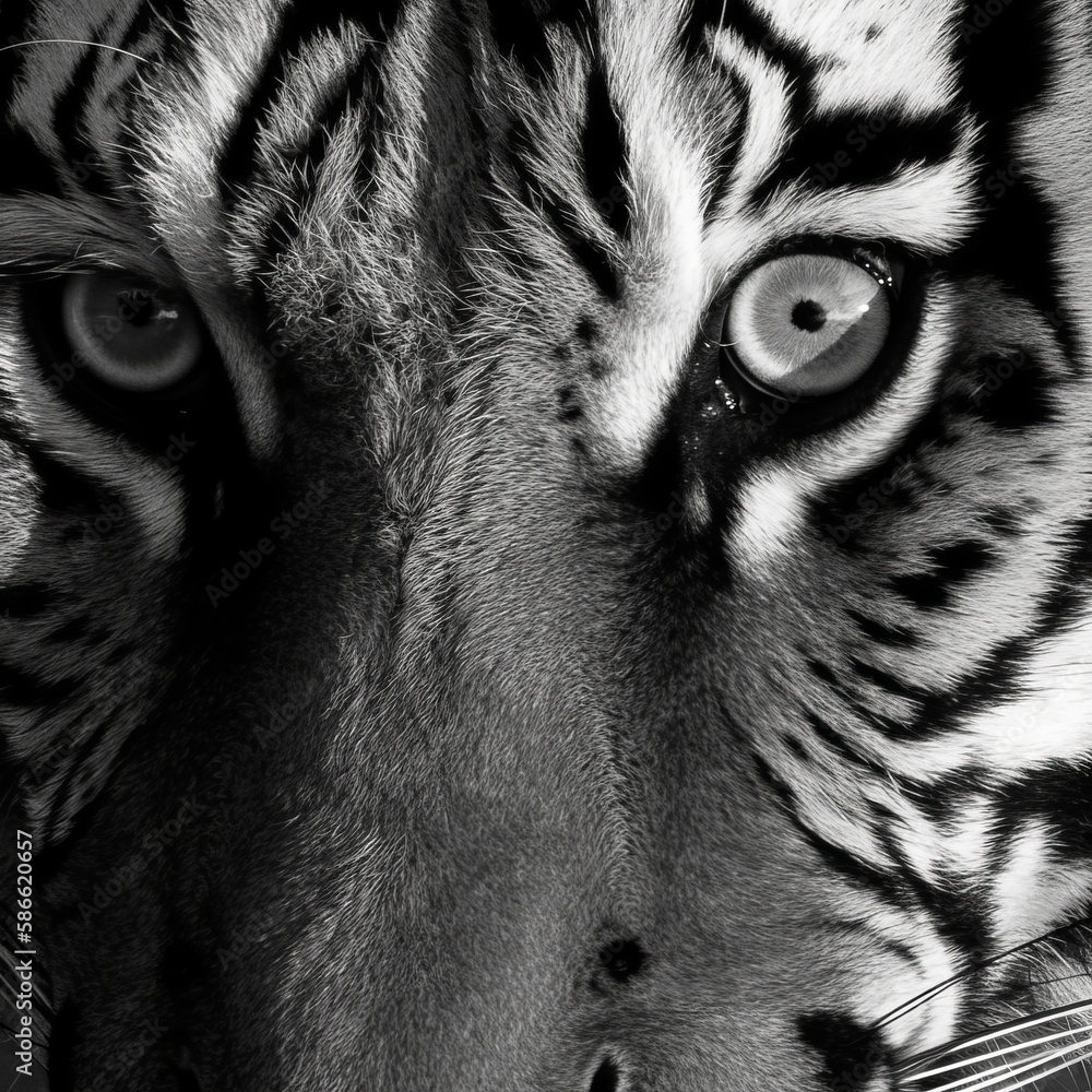 Monochrome Tiger Close up Head with Penetrating Eyes - Generative Ai Illustration 