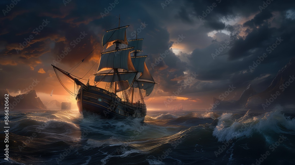 Fototapeta premium ship on stormy beautiful sea, generative AI