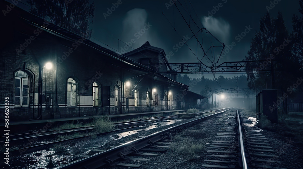 Fototapeta premium Horror railway station in dark and scary atmosphere created with Generative AI