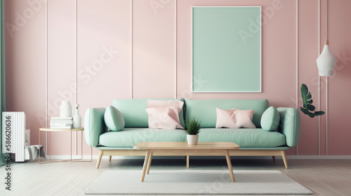 Sofa in modern living room. Contemporary interior design of room with mint wall and wooden coffee table. Home interior with poster