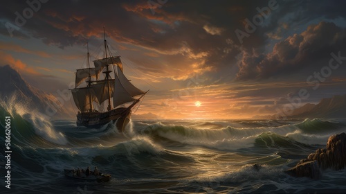 ship on stormy beautiful sea, generative AI © legendexpert