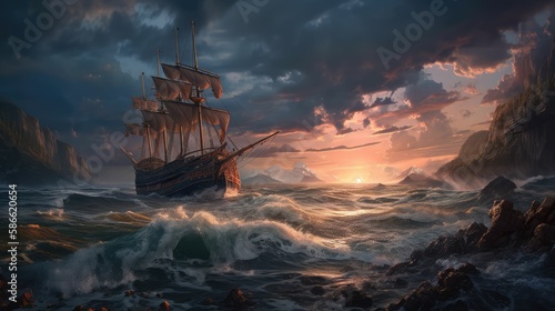 ship on stormy beautiful sea, generative AI
