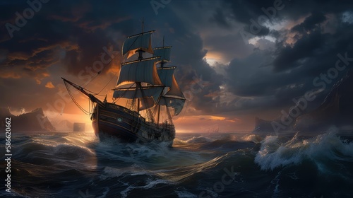 ship on stormy beautiful sea, generative AI