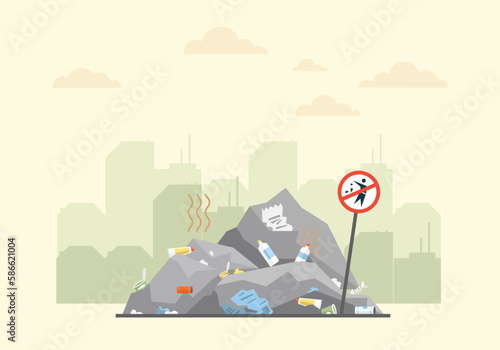 City dump wasteland. Littering waste pile disposed on street exterior with city skyscrapers polluted urban skyline in background. Trash fallen on ground and create big stack. Environment contamination