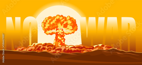 No war concept. Nuclear Bomb Explosion. Vector cartoon illustration of Atomic bomb and mushroom clouds. 