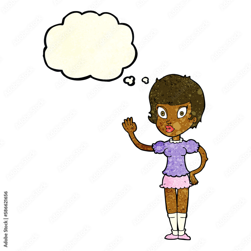 Obraz premium cartoon pretty girl waving with thought bubble