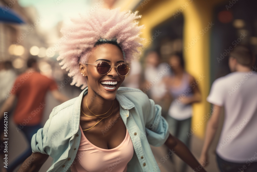 Cheerful black woman with pink hair and retro-hipster clothes, dancing on the street, while smiling and enjoying. Positive person, Illustration, Generative AI