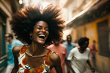 Cheerful black woman with afro hair and Urban retro clothes, dancing on the street, while smiling and enjoying. Fun carefree girl, Illustration, Generative AI