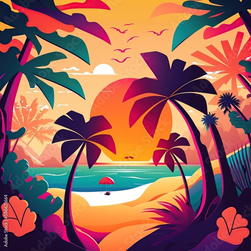  Vibrant illustration of summer beach- AI generative