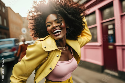Cheerful black woman with afro hair and Urban retro clothes, dancing on the street, while smiling and enjoying. Fun carefree girl, Illustration, Generative AI