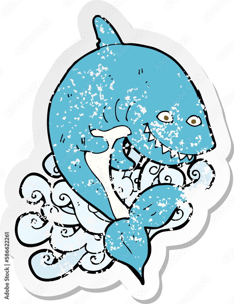 retro distressed sticker of a cartoon shark retro distressed sticker of a cartoon shark