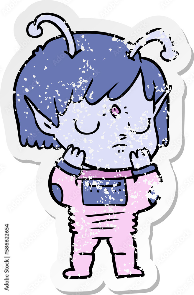 distressed sticker of a cartoon alien girl distressed sticker of a cartoon alien girl
