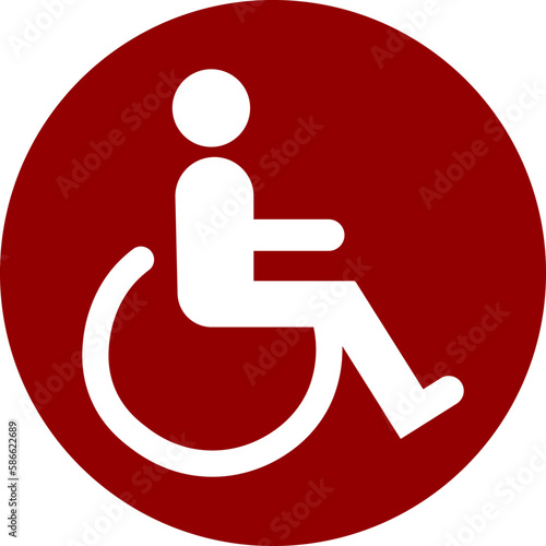 affiche pour indiquer ou se trouve les toilettes pour les personnes handicapées représenté par une personne en fauteuil roulant en blanc dans un rond rouge 